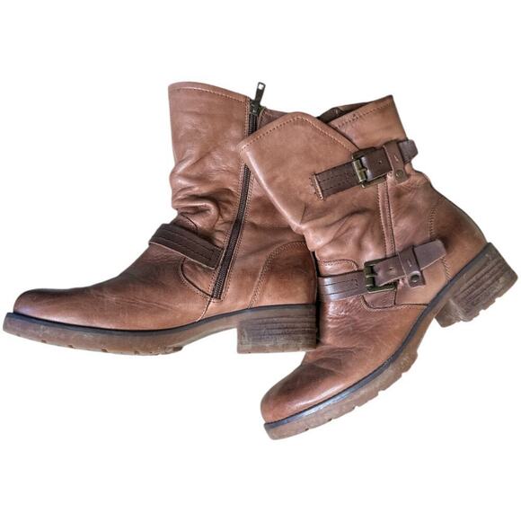 Earth Talus Almond Brown Leather Zip Buckle Moto Mid Boots Womens Size 8.5B - Picture 1 of 7